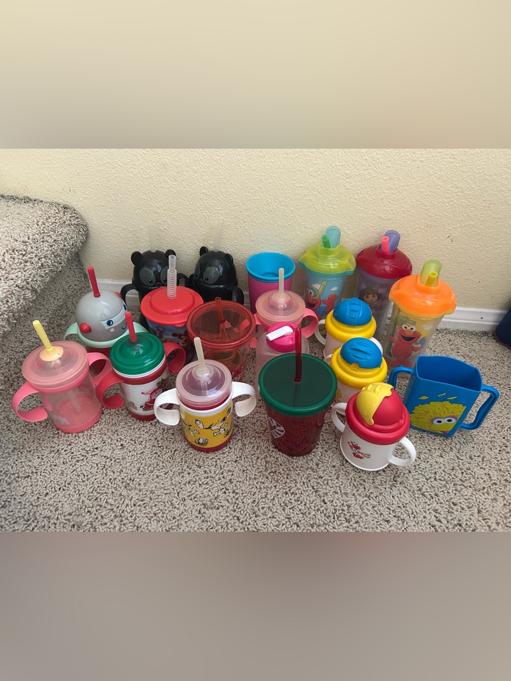 Lot of 18 Toddler Sippy Cups - Sesame Street, Dora, Disney Brave, Snoopy, Xmas